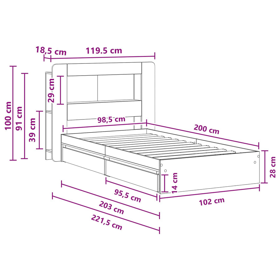 Bedframe met opslag Sonoma Eiken 100 x 200 cm Bewerkt hout