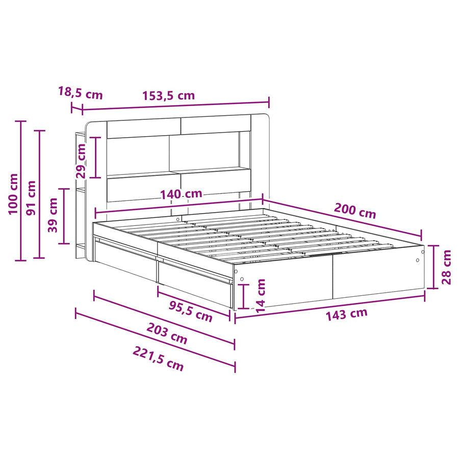 Bedframe met opslag Grijs Sonoma 140 x 200 cm Bewerkt hout