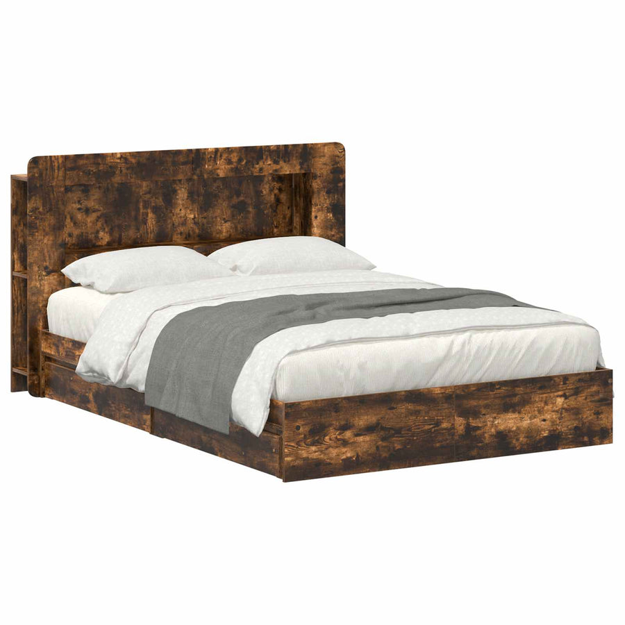 Bedframe met opslag Gerookt eiken 135 x 190 cm Bewerkt hout