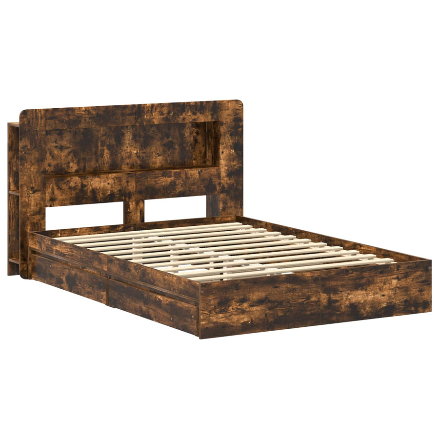 Bedframe met opslag Gerookt eiken 135 x 190 cm Bewerkt hout