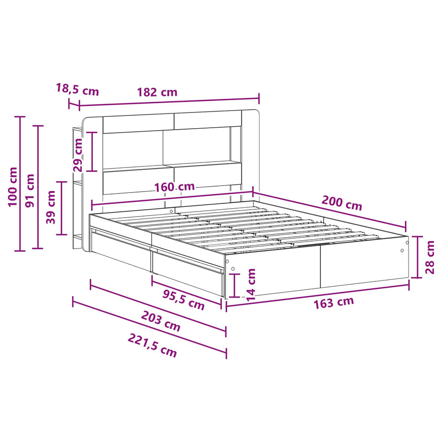 Bedframe met opslag Grijs Sonoma 160 x 200 cm Bewerkt hout