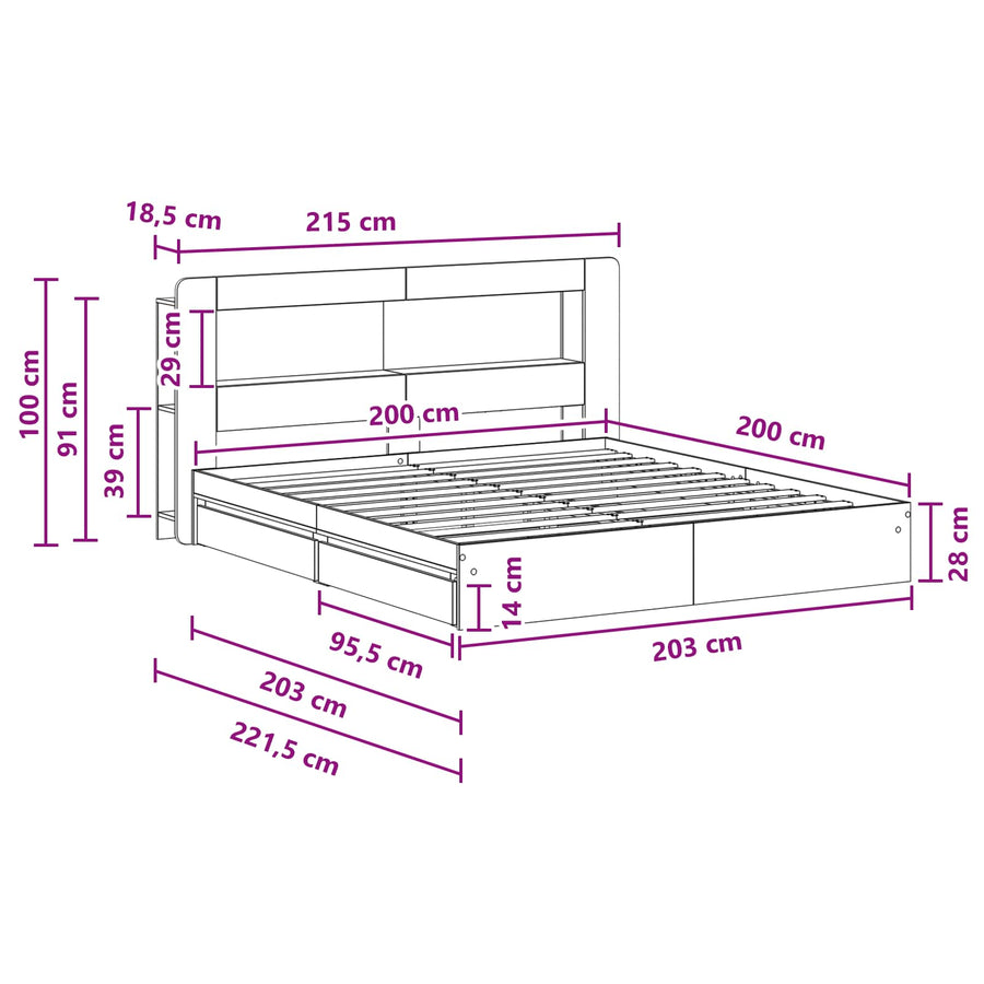 Bedframe met opslag Grijs Sonoma 200 x 200 cm Bewerkt hout