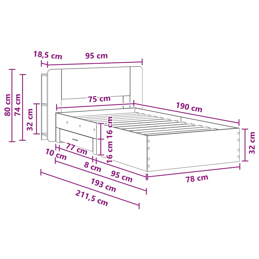 Bedframe met opslag Zwart 75 x 190 cm Bewerkt hout