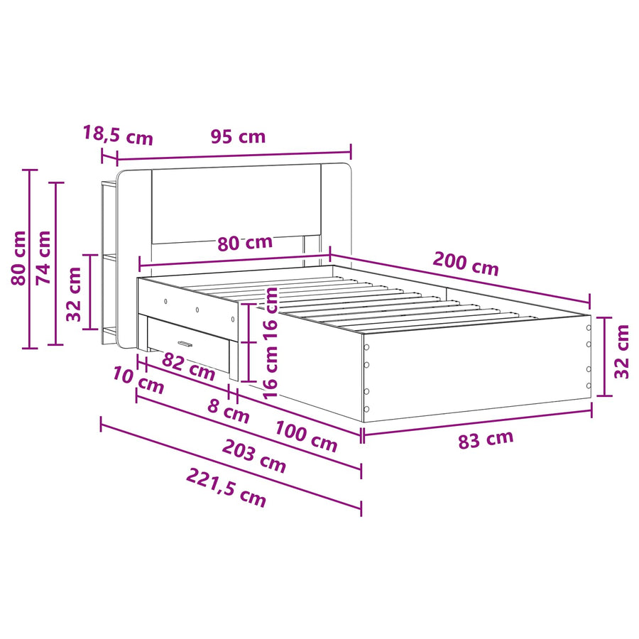 Bedframe met opslag Artisanaal eiken 80 x 200 cm Bewerkt hout