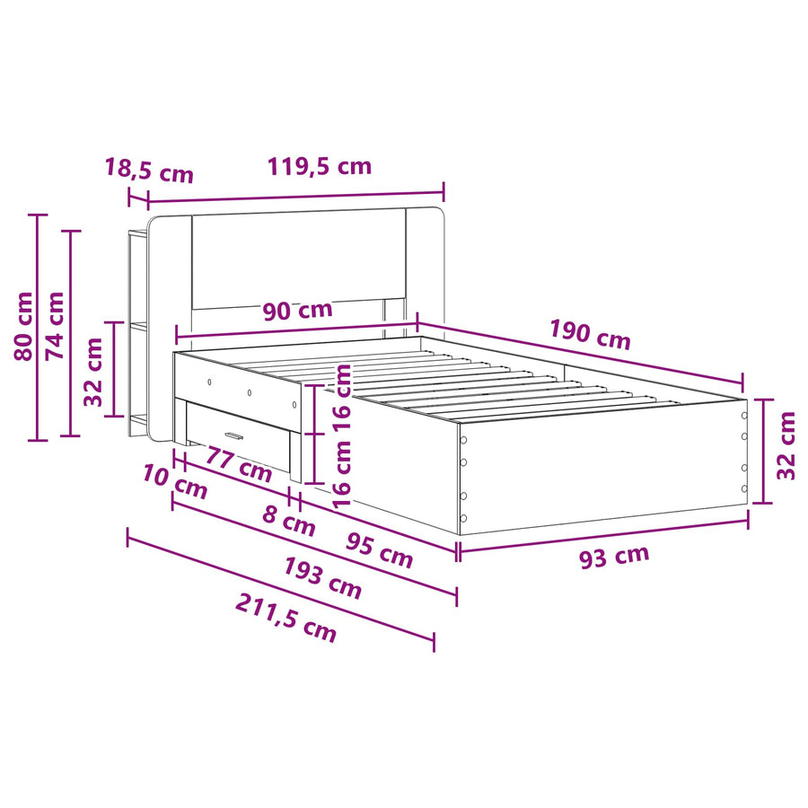 Bedframe met opslag Grijs Sonoma 90 x 190 cm Bewerkt hout