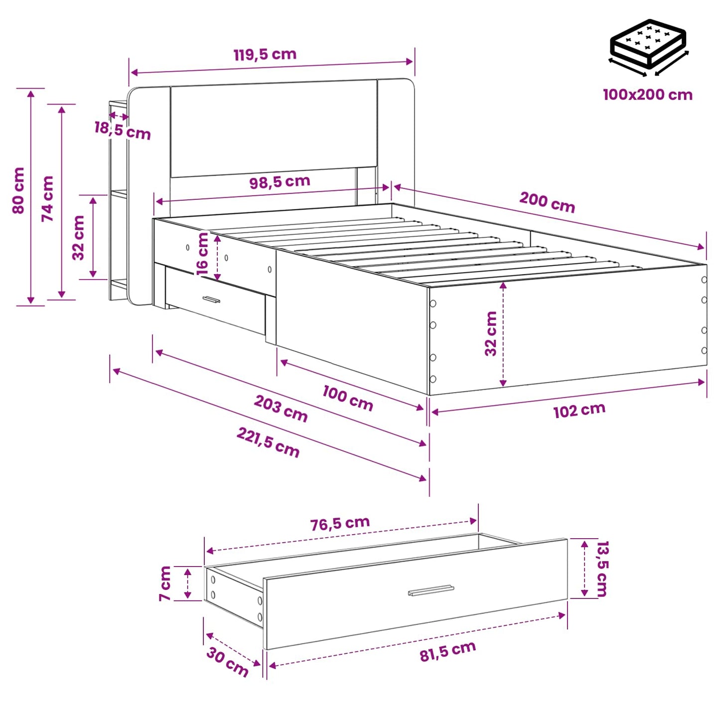 Bedframe met opslag Gerookt eiken 100 x 200 cm Bewerkt hout