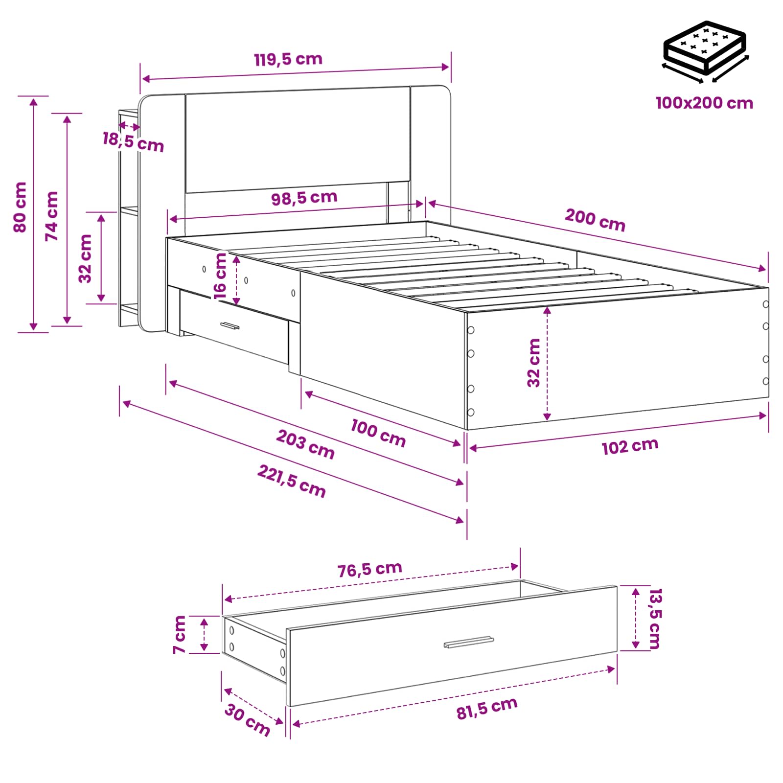 Bedframe met opslag Gerookt eiken 100 x 200 cm Bewerkt hout
