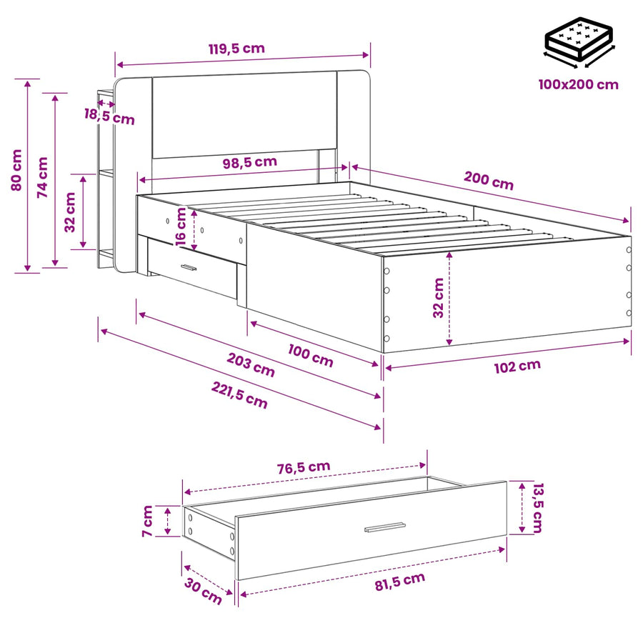 Bedframe met opslag Gerookt eiken 100 x 200 cm Bewerkt hout