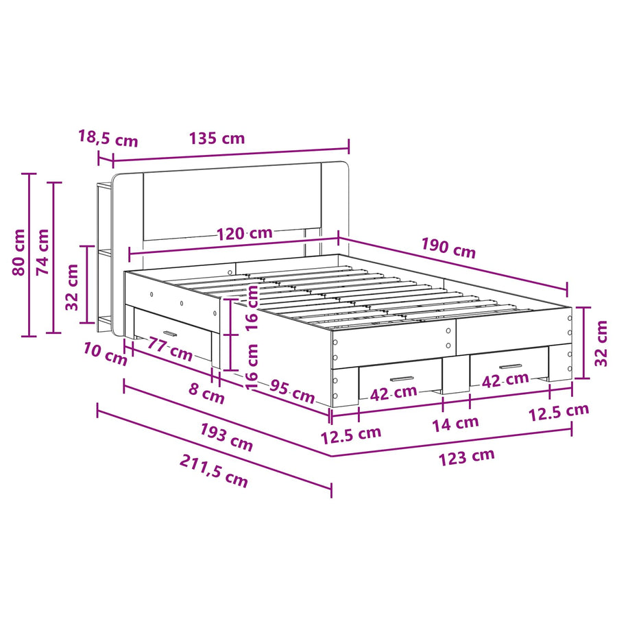 Bedframe met opslag Grijs Sonoma 120 x 190 cm Bewerkt hout