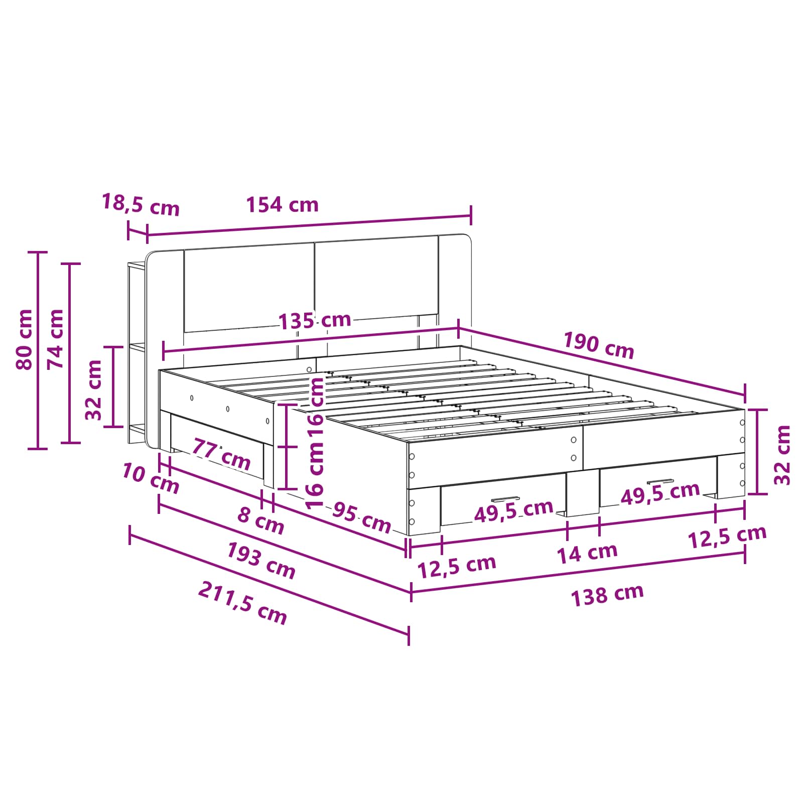 Bedframe met opslag Grijs Sonoma 135 x 190 cm Bewerkt hout