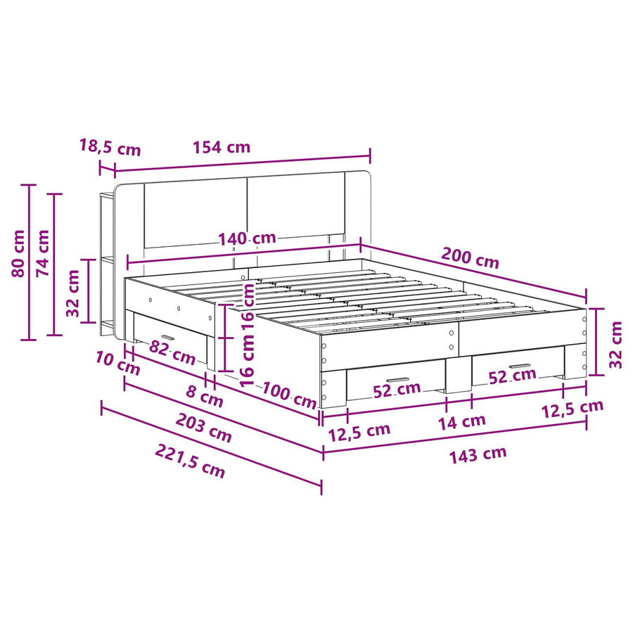Bedframe met opslag Grijs Sonoma 140 x 200 cm Bewerkt hout