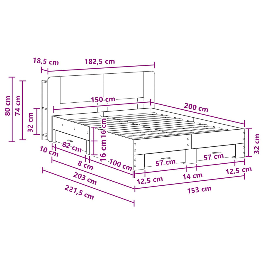 Bedframe met opslag Gerookt eiken 150 x 200 cm Bewerkt hout
