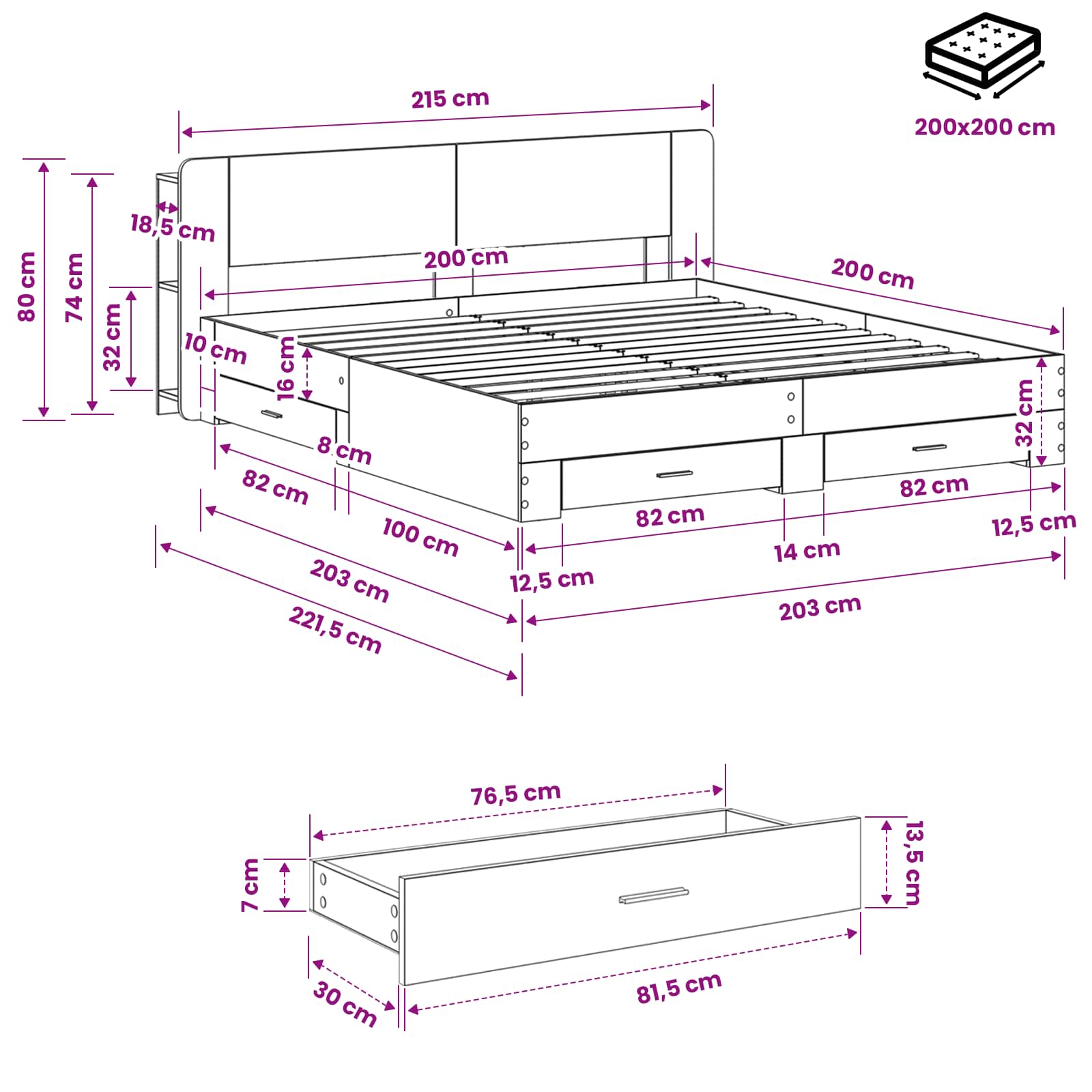 Bedframe met opslag Betongrijs 200 x 200 cm Bewerkt hout