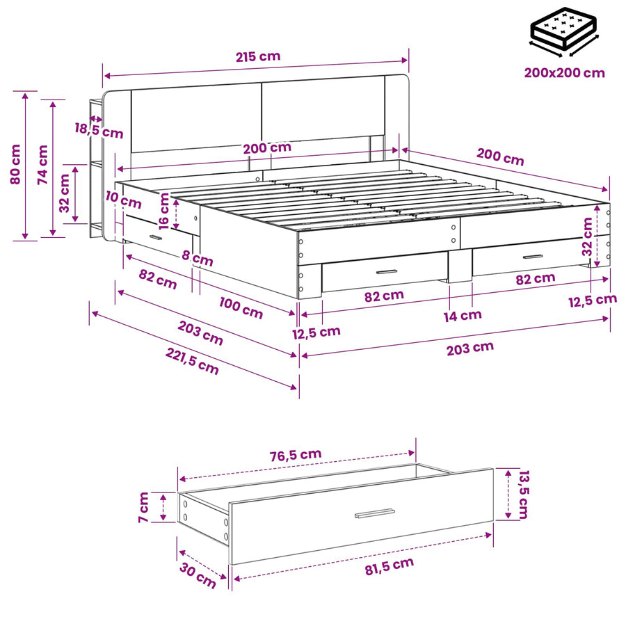 Bedframe met opslag Grijs Sonoma 200 x 200 cm Bewerkt hout