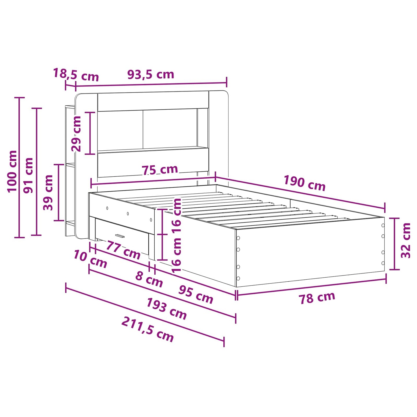 Bedframe met opslag Zwart 75 x 190 cm Bewerkt hout