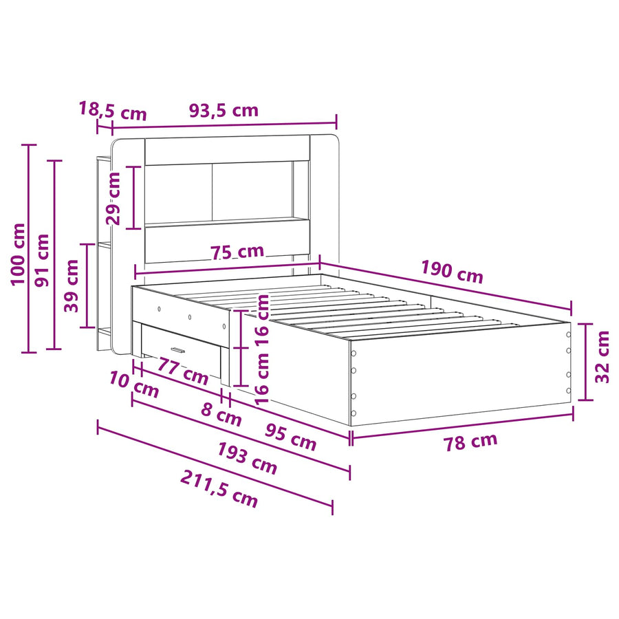 Bedframe met opslag Betongrijs 75 x 190 cm Bewerkt hout