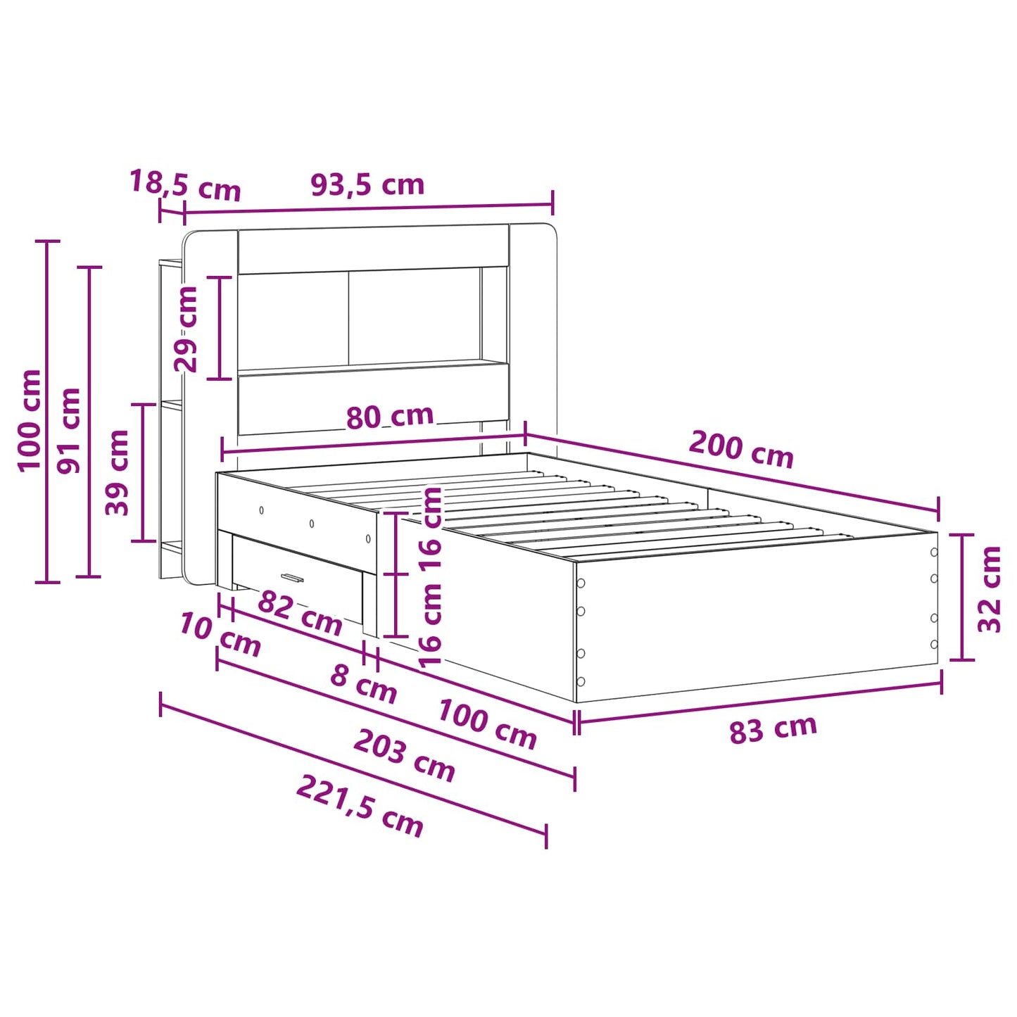 Bedframe met opslag Artisanaal eiken 80 x 200 cm Bewerkt hout