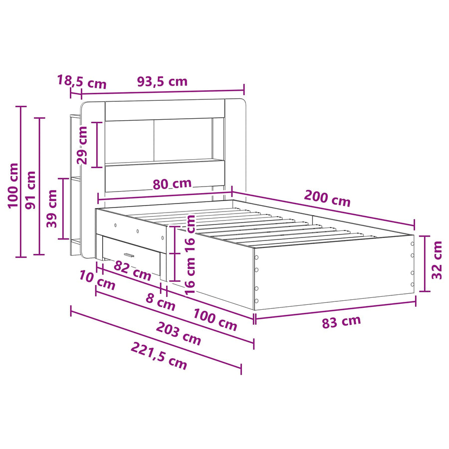 Bedframe met opslag Oud hout 80 x 200 cm Bewerkt hout