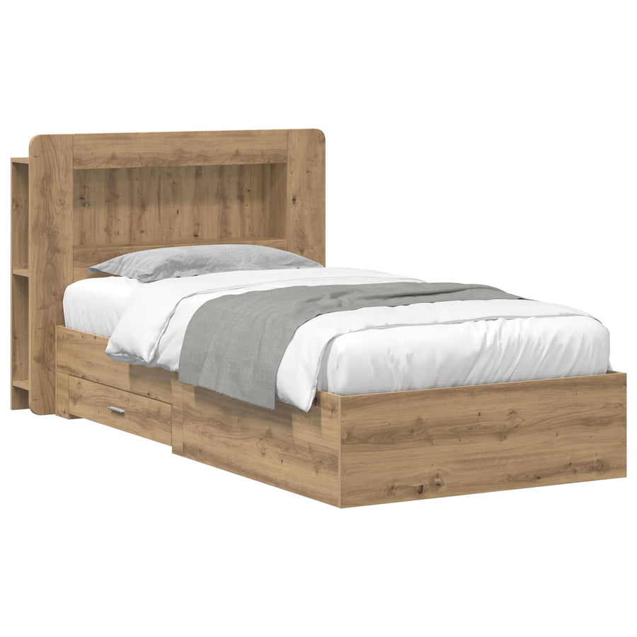 Bedframe met opslag Artisanaal eiken 90 x 190 cm Bewerkt hout
