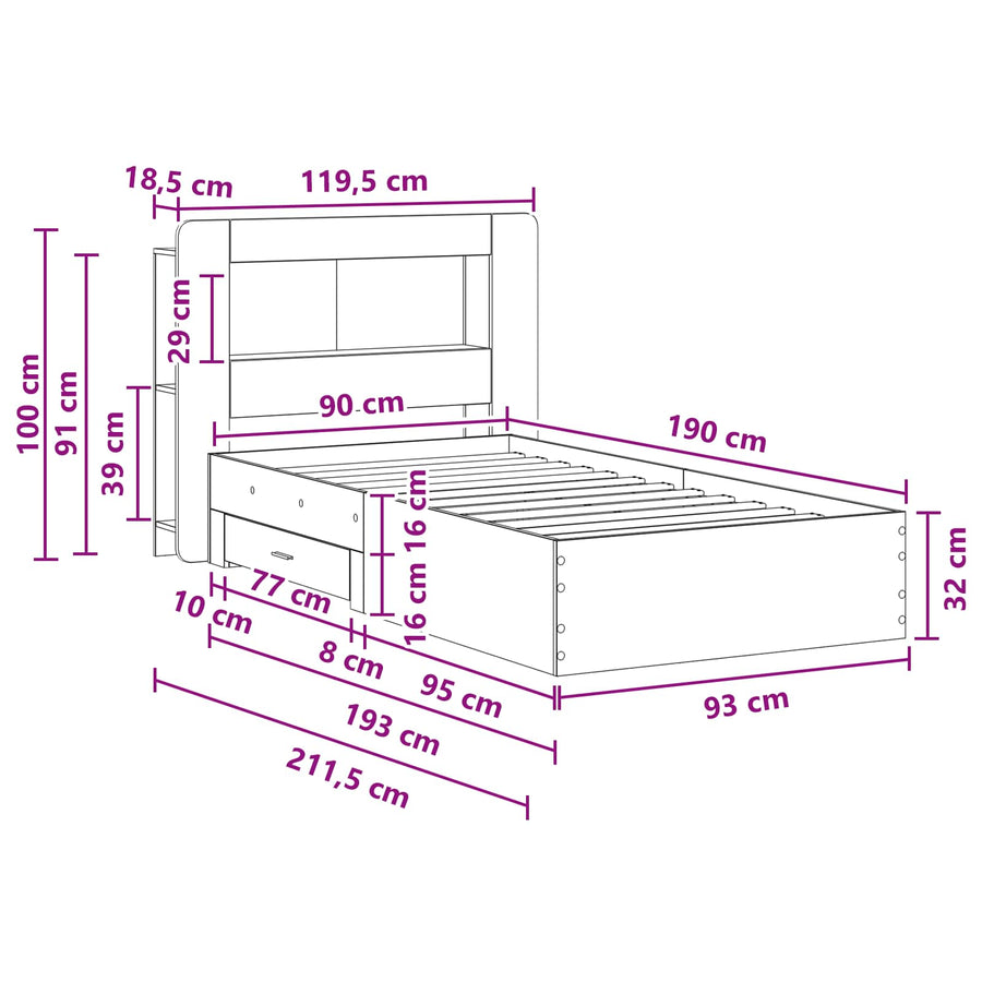 Bedframe met opslag Gerookt eiken 90 x 190 cm Bewerkt hout