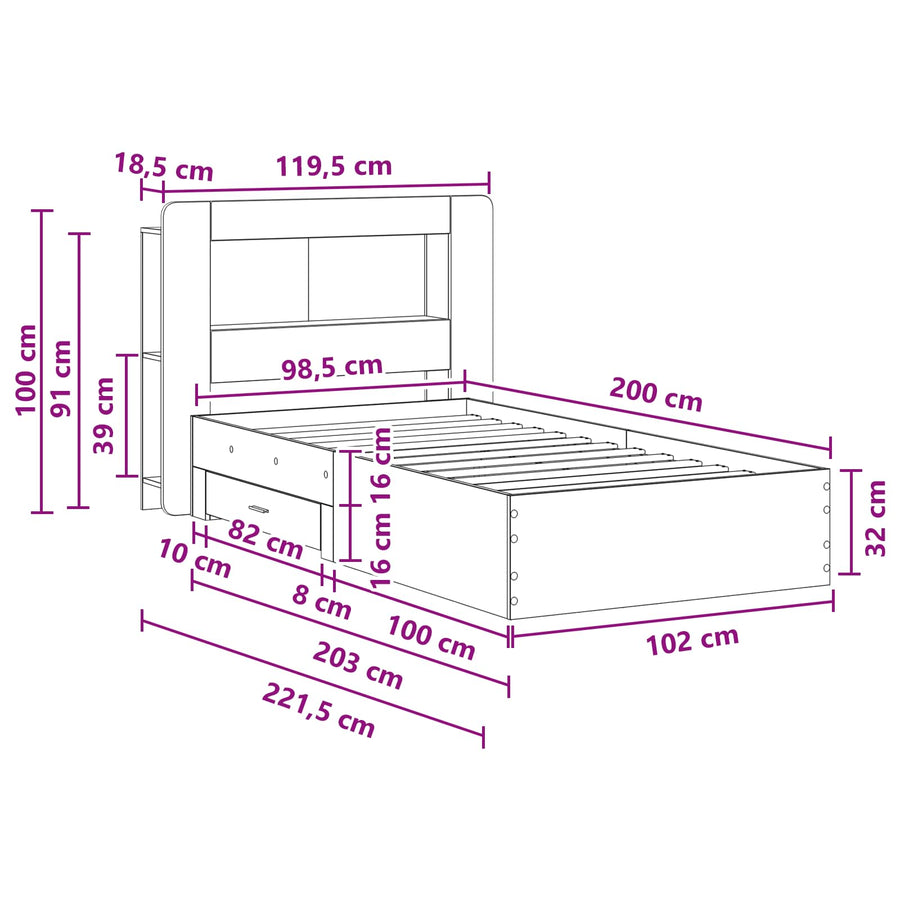 Bedframe met opslag Grijs Sonoma 100 x 200 cm Bewerkt hout
