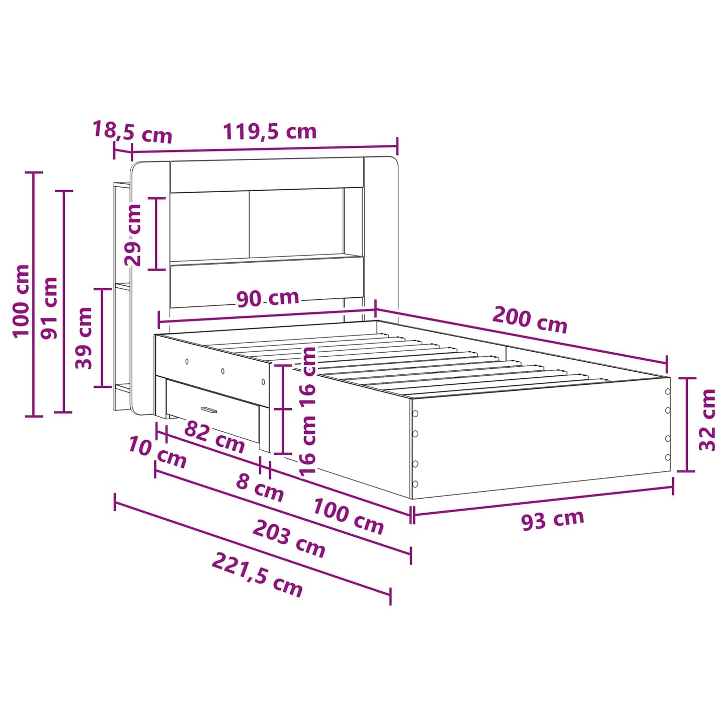 Bedframe met opslag Artisanaal eiken 90 x 200 cm Bewerkt hout