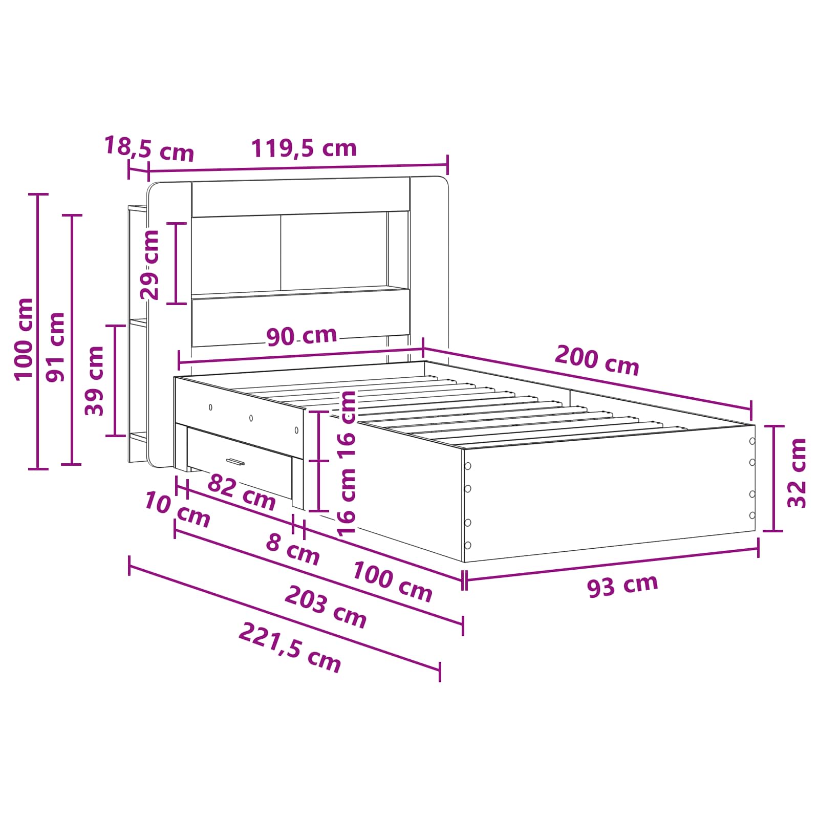 Bedframe met opslag Artisanaal eiken 90 x 200 cm Bewerkt hout