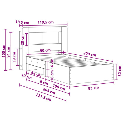 Bedframe met opslag Grijs Sonoma 90 x 200 cm Bewerkt hout