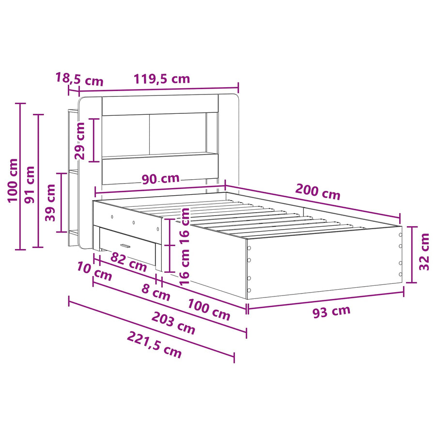Bedframe met opslag Grijs Sonoma 90 x 200 cm Bewerkt hout
