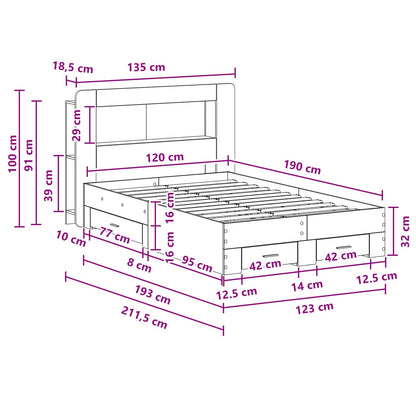 Bedframe met opslag Artisanaal eiken 120 x 190 cm Bewerkt hout