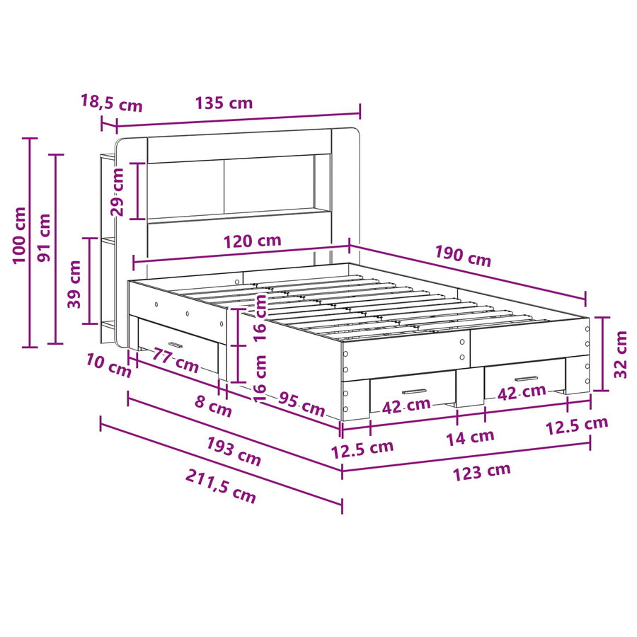 Bedframe met opslag Grijs Sonoma 120 x 190 cm Bewerkt hout
