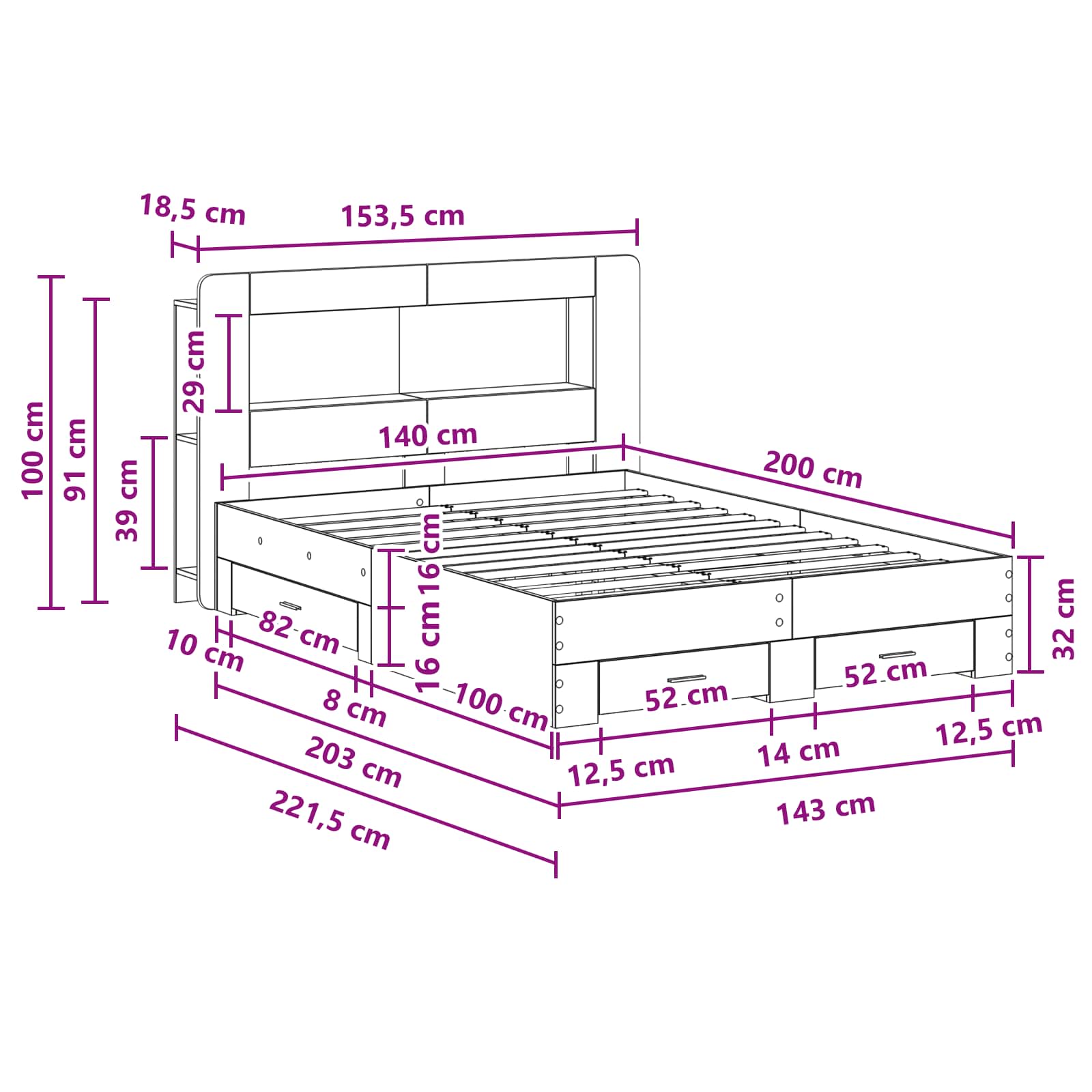 Bedframe met opslag Grijs Sonoma 140 x 200 cm Bewerkt hout