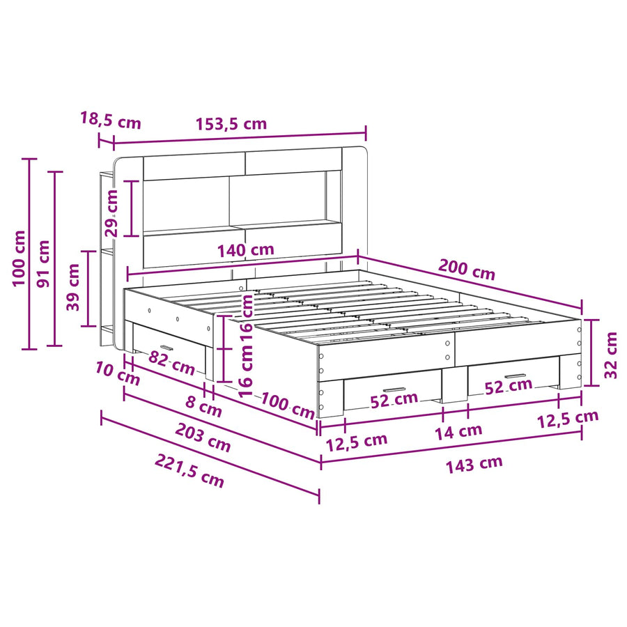 Bedframe met opslag Grijs Sonoma 140 x 200 cm Bewerkt hout