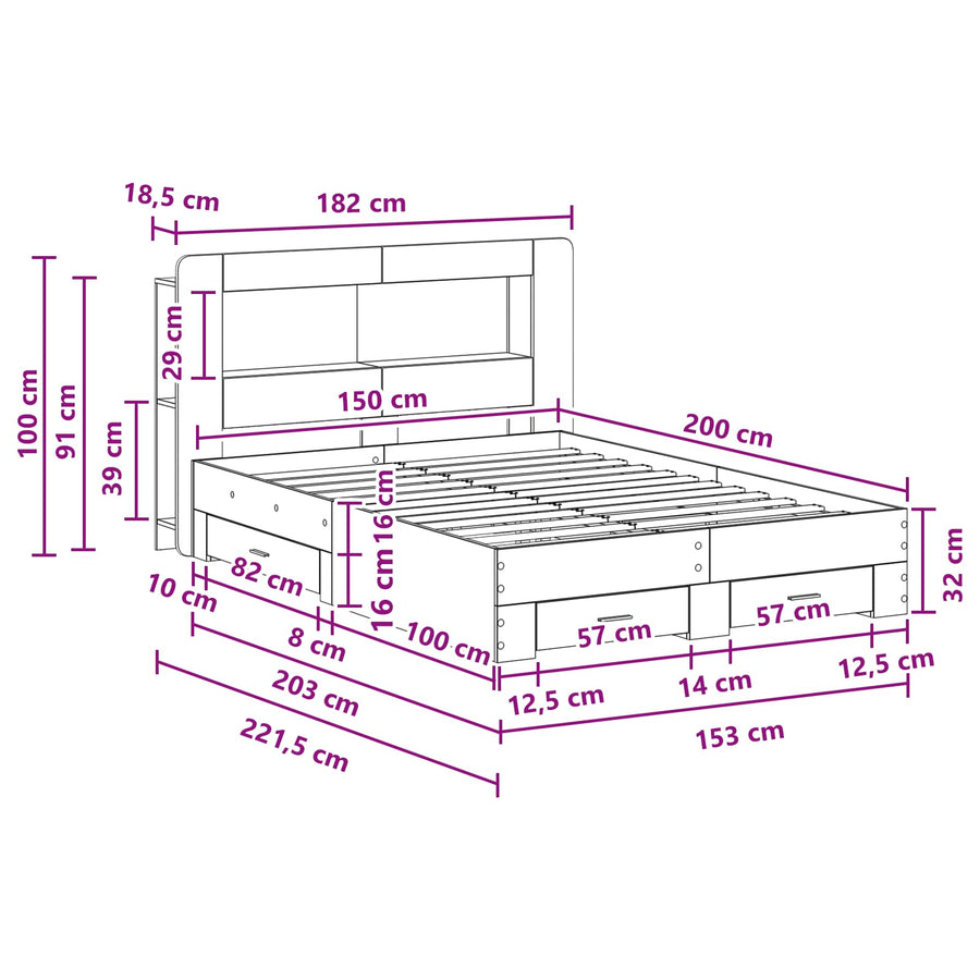 Bedframe met opslag Sonoma Eiken 150 x 200 cm Bewerkt hout
