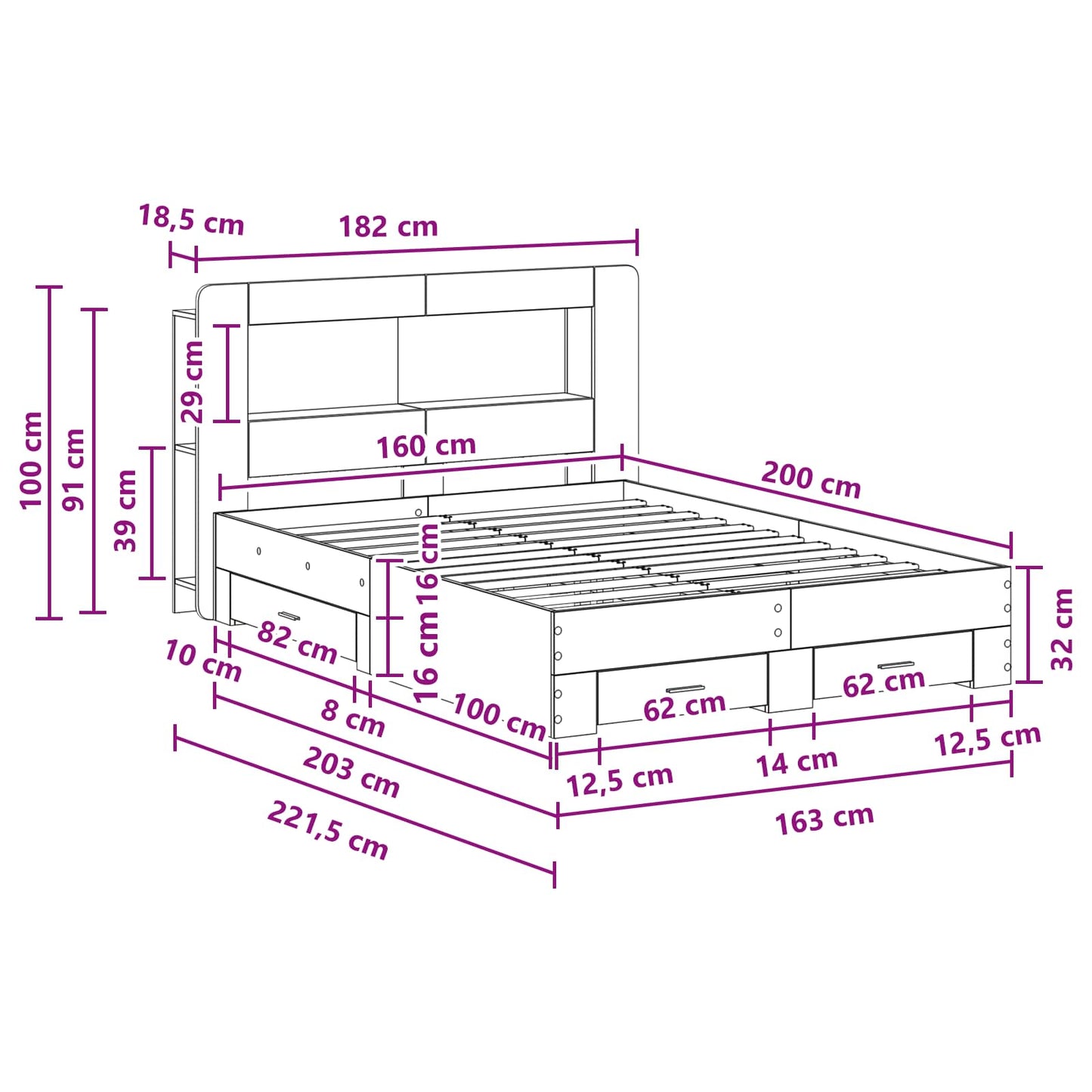 Bedframe met opslag Betongrijs 160 x 200 cm Bewerkt hout