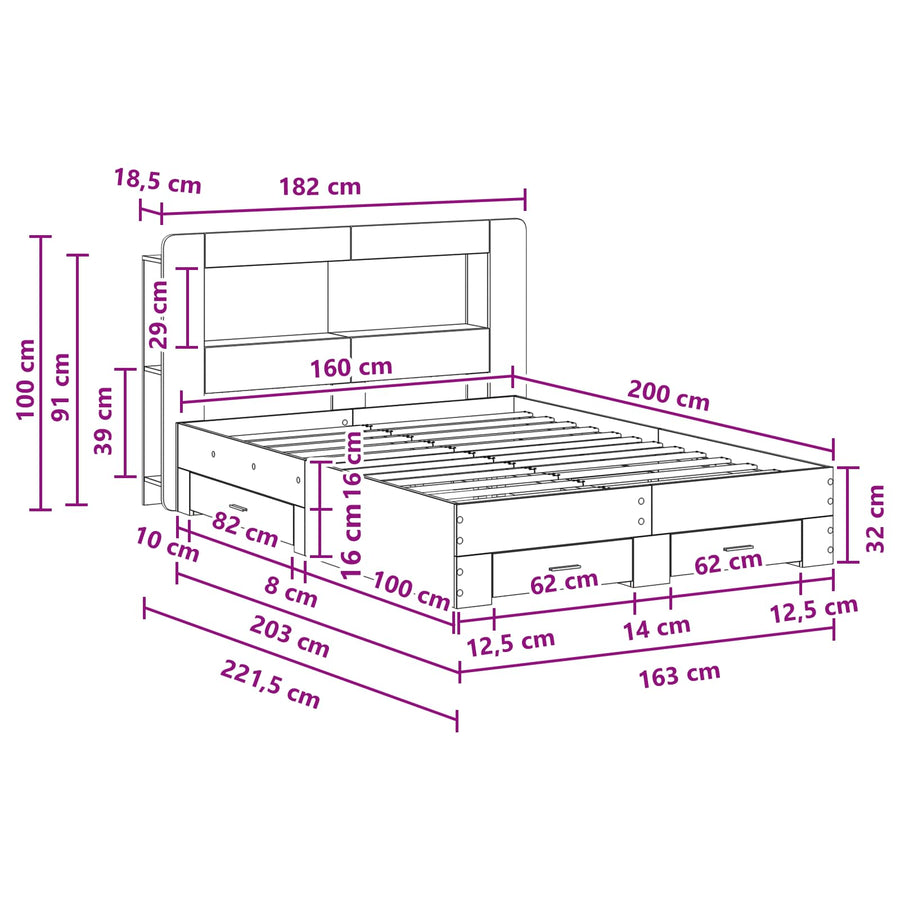 Bedframe met opslag Betongrijs 160 x 200 cm Bewerkt hout