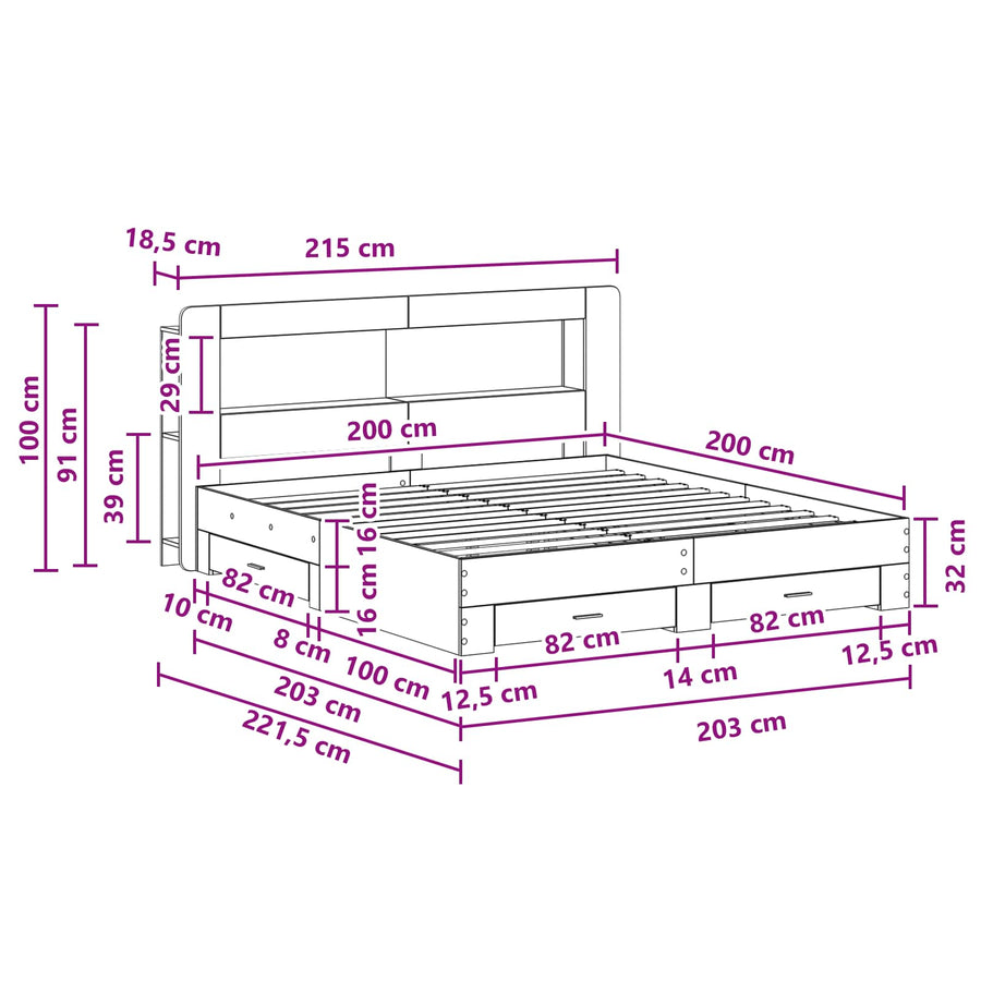 Bedframe met opslag Grijs Sonoma 200 x 200 cm Bewerkt hout