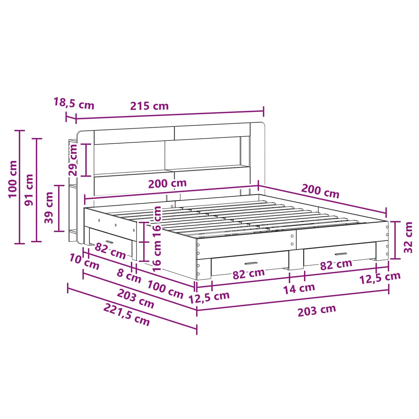 Bedframe met opbergruimte en hoofdbord Sonoma Eiken