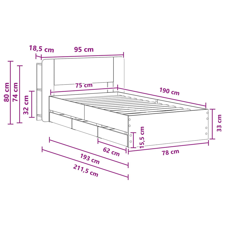 Bedframe met opslag Zwart 75 x 190 cm Bewerkt hout