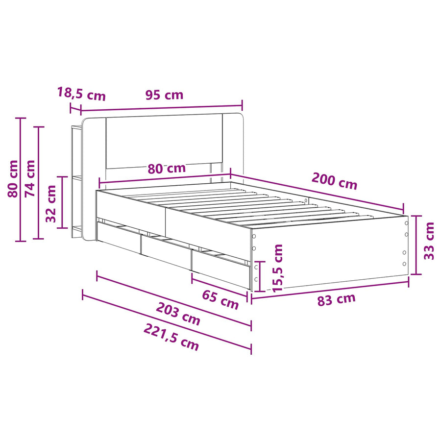 Bedframe met opslag Betongrijs 80 x 200 cm Bewerkt hout