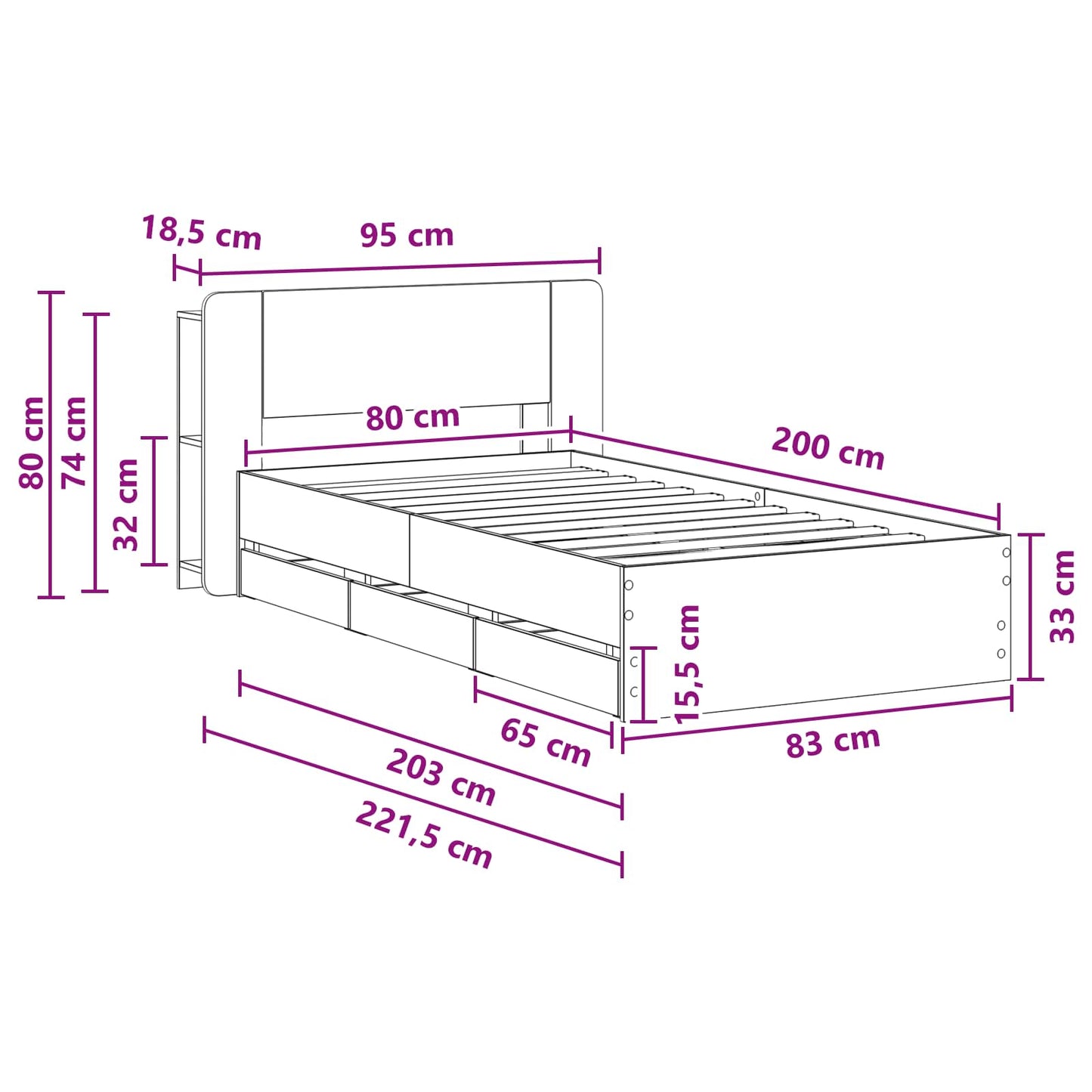 Bedframe met opslag Grijs Sonoma 80 x 200 cm Bewerkt hout