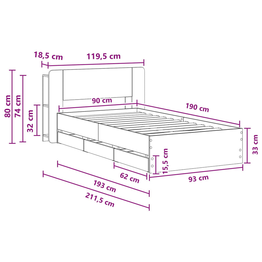 Bedframe met opslag Grijs Sonoma 90 x 190 cm Bewerkt hout