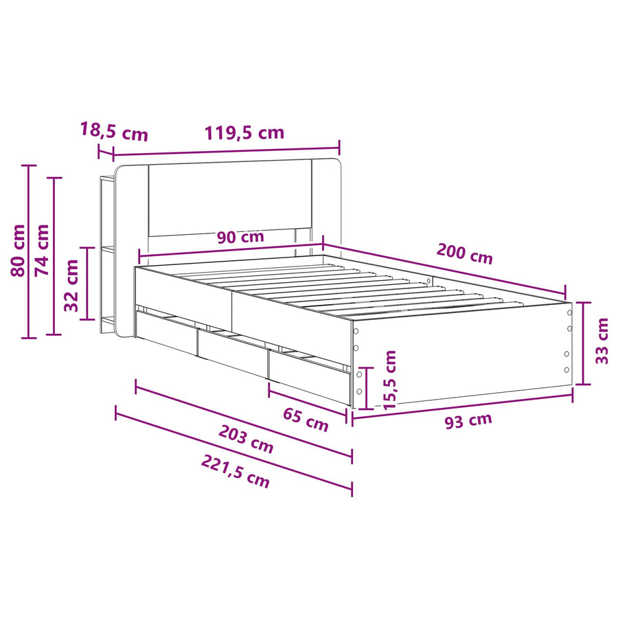 Bedframe met opslag Grijs Sonoma 90 x 200 cm Bewerkt hout