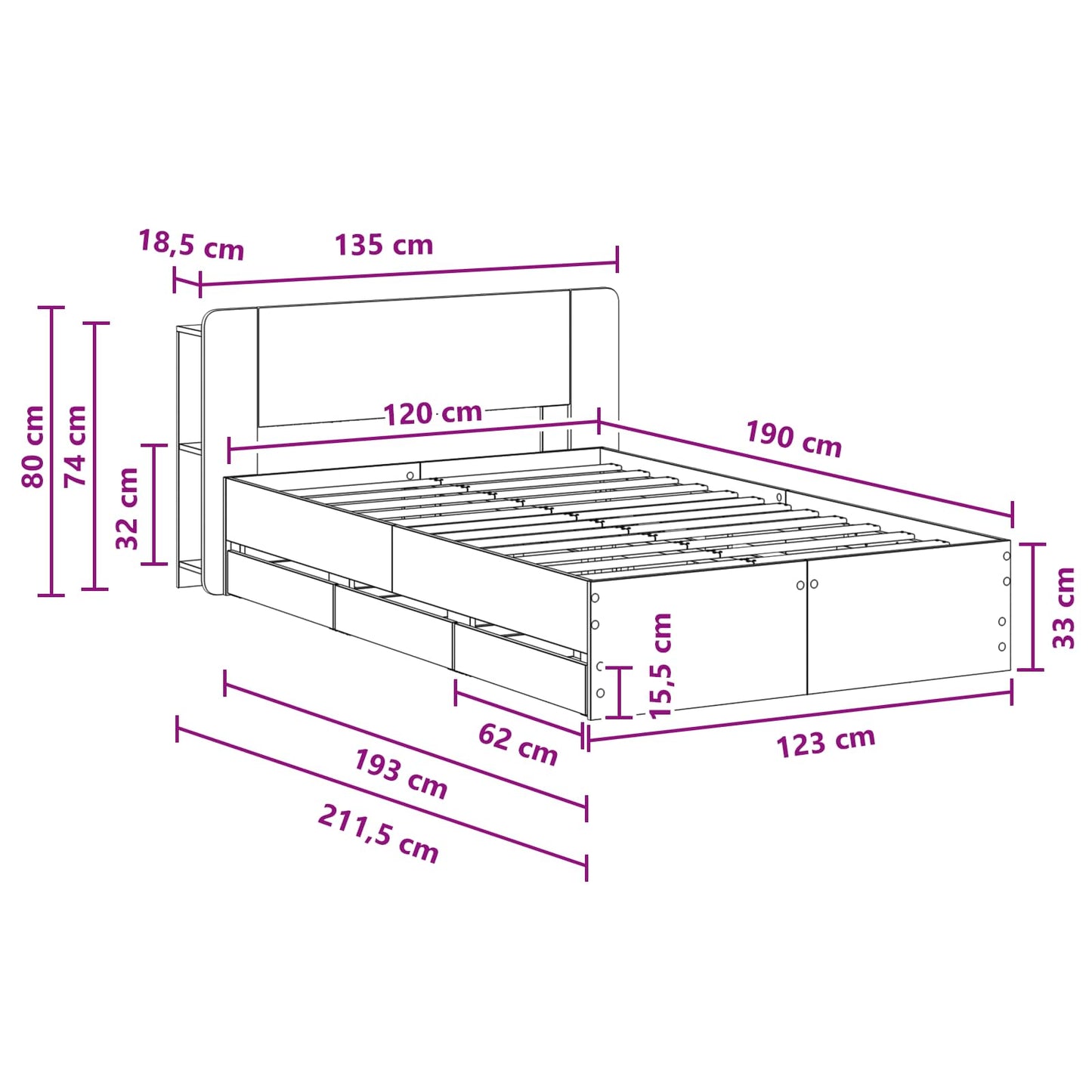 Bedframe met opslag Gerookt eiken 120 x 190 cm Bewerkt hout
