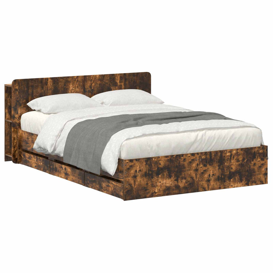 Bedframe met opslag Gerookt eiken 135 x 190 cm Bewerkt hout
