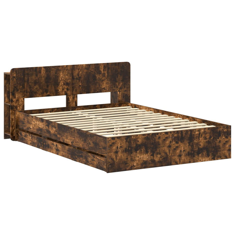 Bedframe met opslag Gerookt eiken 135 x 190 cm Bewerkt hout