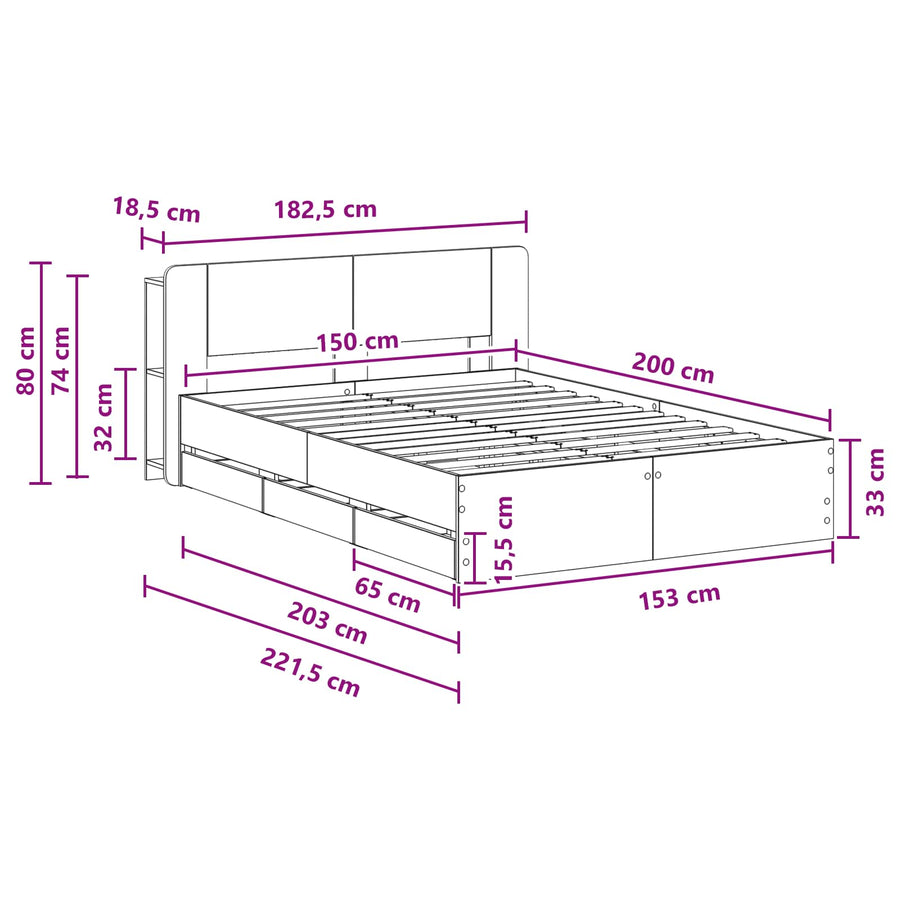Bedframe met opslag Betongrijs 150 x 200 cm Bewerkt hout