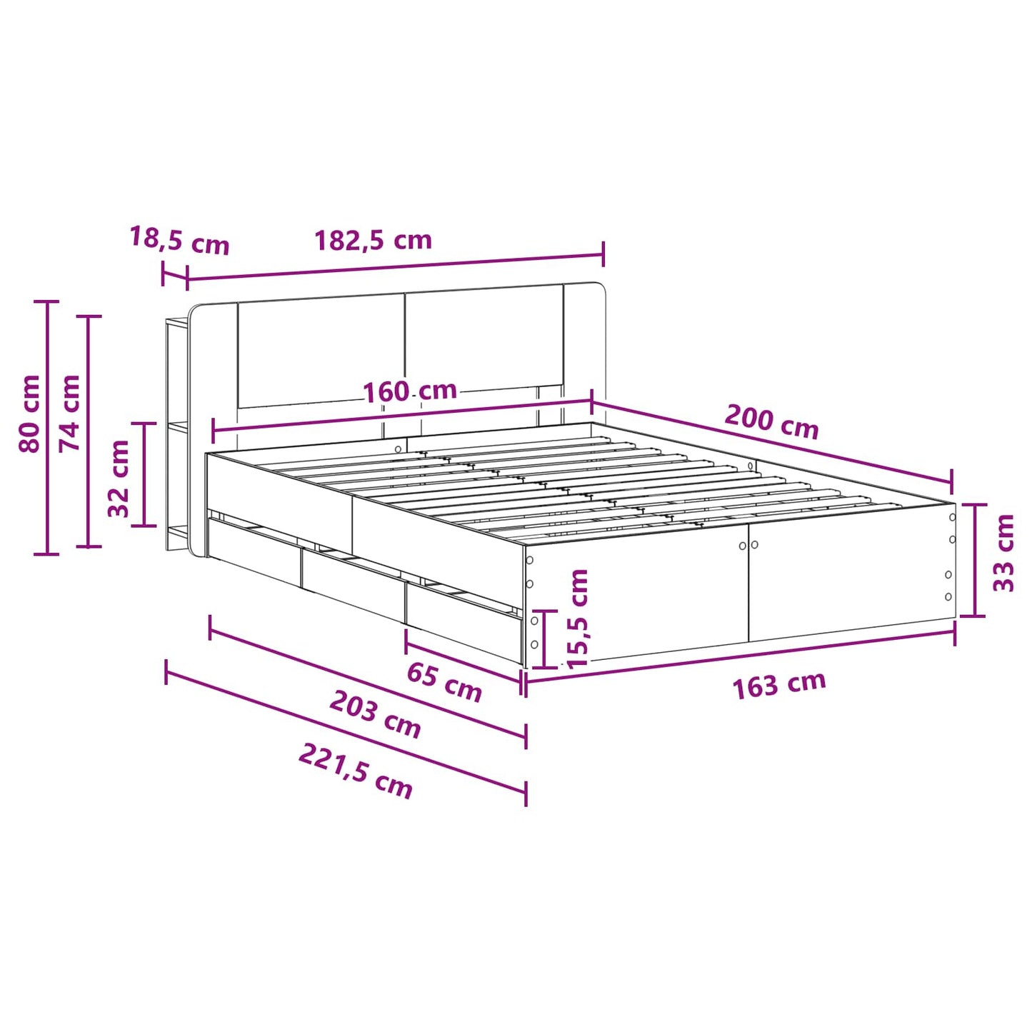 Bedframe met opslag Zwart 160 x 200 cm Bewerkt hout
