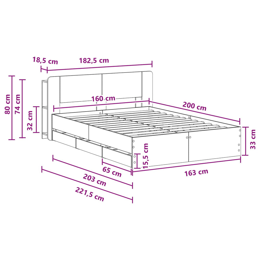 Bedframe met opslag Grijs Sonoma 160 x 200 cm Bewerkt hout