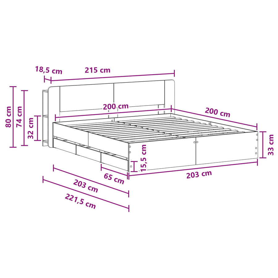 Bedframe met opslag Grijs Sonoma 200 x 200 cm Bewerkt hout